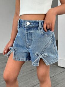 SHEIN Shorts vaqueros sueltos y casuales con decoración de mariposa para niña, diseño cómodo y suave en forma de A, versátil para usar en la calle, nueva colección primavera/verano 2025, adecuado para uso diario