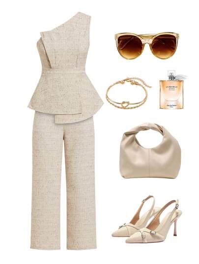 Ellevyn 杏色纹理面料不对称肩部不对称上衣+直筒裤女两件套女夏装女教师装两件套女夏季两件套女夏装商务休闲女亚麻套装露肩上衣商务休闲露肩上衣