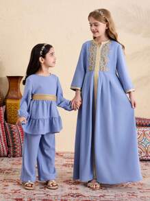 Tween Girl Casual Floral Trim Ribbons Long Dress - Blue - View 4