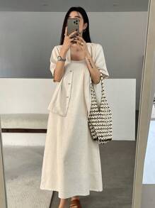 DAZY 2 件套女士纯色亚麻短袖衬衫裙套装 - 杏色 - 查看 6