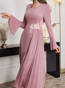 Modelyn Women Elegant Solid Color 3D Floral Decor Bell Sleeve Dress