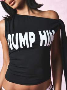 SUMWON WOMEN Tie Shoulder One Shoulder Crop Top Slogan Text Print Party Club Y2K Fashion Statement Streetwear Tank Top Festival Summer Beach Dance Top - Black - View 4