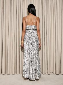 AiiRZ Elegant Maxi Slip Dress Animal Print Black White Lace Trim Evening Cocktail Party Special Occasion Spaghetti Strap Full Length Dress