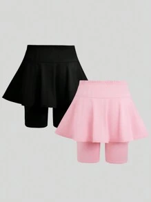 2pcs/Set Tween Girls Skirt With Leggings Combo, Pink & Black, School, Campus, College - Multicolor - View 2