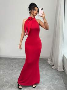 Chiquease Women's Red Rose Decor Halter Dress For Formal Ball Gown - Red - View 6