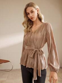 SHEIN Clasi Blusa informal de mujer de unicolor con cuello en V y manga larga