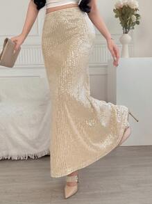 DAZY Saia Sereia Elegante de Cor Sólida com Lantejoulas, Festa de Formatura, Luxo, Ano Novo, Fantasia Feminina - Prata - Visão 4