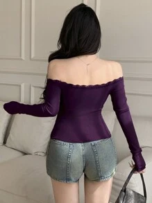 DAZY Spring New Off Shoulder Fitted Women T-Shirt For Casual Long Sleeve Women Tops,Fall Women Clothes - Purple - View 2