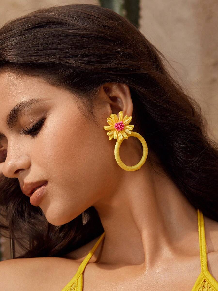 SHEIN VCAY Hoa tai tròn nhẹ dệt thủ công từ sợi raffia tự nhiên - Màu vàng - Xem 1