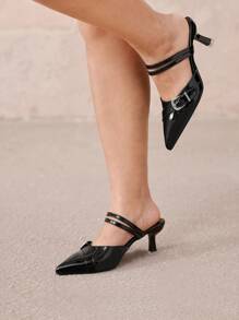 CUCCOO CURVES Plus Size Wide Width Pointed Toe High Heel Pumps, Elegant Black PU Hollow Out Side Buckle Sandals, Suitable For All Seasons Valentine's Day - Black - View 10