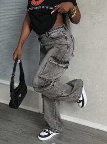 SHEIN Tall Asymmetrische taille Utility Pocket gewassen denim jeans