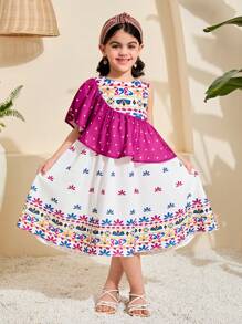 SHEIN 年轻女孩编织碎花圆领荷叶边下摆修身休闲连衣裙 - 紫色 - 查看 6