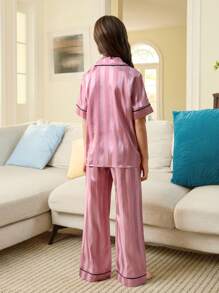 Tween Girls Cute Pink Stripe Pajama Set,Summer Short Sleeve Button-Front Collared Top&Pants,Valentine's Day Heart Embroidery Nighties Sleepwear,2Pcs - Baby Pink - View 2