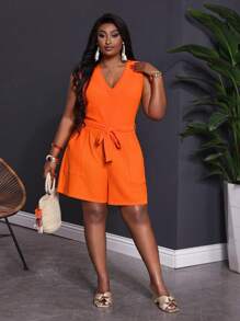 Slaydiva 2025 New Rave/Easter Outfit Women, Old Money Style Women, Country Concert Outfit, Going Out Outfits, Fairycore, Festival Outfits, Tropical Vacation Women Clothes, Summer Outfits For Women, Summer/Rave/European Summer, Spring Outfits, Western Wear Women Plus, Concert/Graduation Outfit, Versatile Daily Casual Simple Sleeveless Beach Elegant Textured Rompers With Pockets And Belt For Women - Orange - View 9