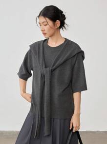 DAZY Versatile Business Casual Knit Cardigan, Women Poncho - Grey - View 3