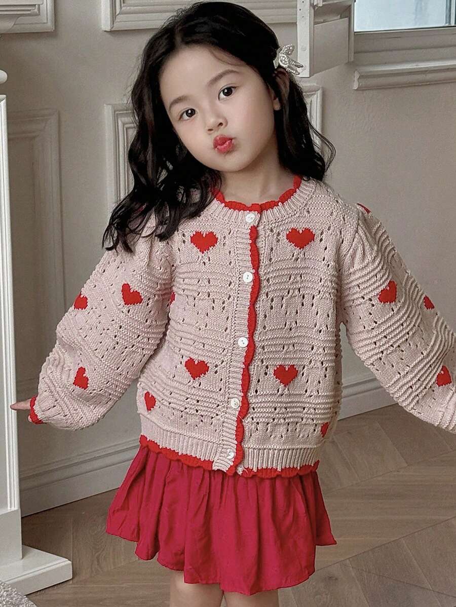 DAZY Young Girl Heart Graphic Crew Neck Long Sleeve Single Breasted Casual Cardigan, Autumn/Winter