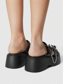 ROMWE Grunge Punk Women's Black PU Platform Sandals, 6.5cm High Heel, Double Straps With Buckle And Chain Decor, Fashion Versatile Punk Gothic Style - Black - View 3