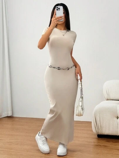 SHEIN EZwear Vestido elegante de manga corta, cuello redondo, ajustado, de unicolor para mujer