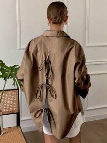 Livesso 女士纯色宽松长袖翻领后开衩蝴蝶结衬衫，秋装 - 棕色 - 查看 6