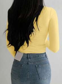 DAZY Women's Casual Yellow Rib-Knit Turtleneck Top Soft Knitted Fabric Long Sleeve And Regular Fit For Everyday Style Spring/Summer/Autumn,Back To School Clothes,Fall Women Clothes - Yellow - View 2
