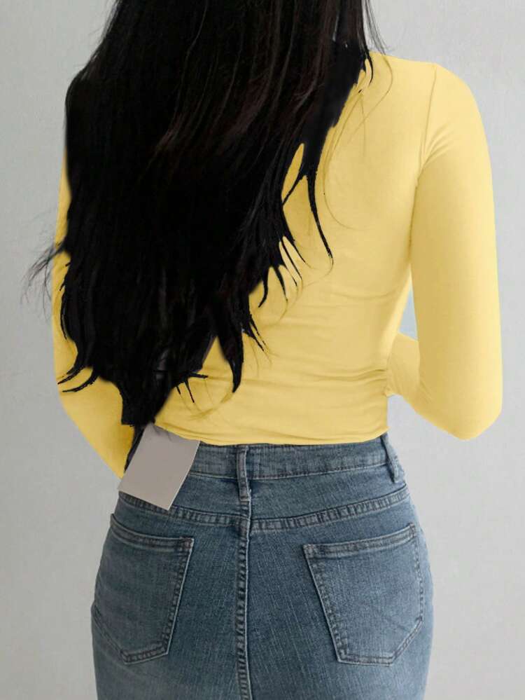 Women's Casual Yellow Rib-Knit Turtleneck Top Soft Knitted Fabric Long Sleeve And Regular Fit For Everyday Style Spring/Summer/Autumn,Back To School Clothes,Fall Women Clothes