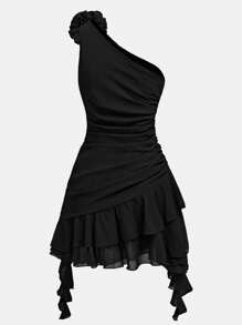 SHEIN Girlism Vestido de niña adolescente de unicolor con flor 3D, cintura fruncida con volantes en el borde - Negro - Ver 2