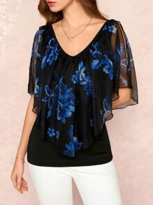 SHEIN Clasi 蓝色花卉印花露肩短袖修身女式T恤女士夏季服装情人节服装度假服装女士夏装女士露肩上衣花朵上衣露肩上衣雪纺上衣 - 藍色和黑色 - 查看 5