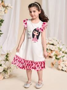 SHEIN 女孩中东风格 Abaya Kaftan Jalabiya 开斋节穆斋月印花 A 字形拼布荷叶边下摆休闲连衣裙，配有斜挎包 - 彩色 - 查看 6