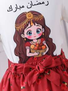 2pcs/Set Young Girl Round Neck Short Sleeve Printed Minimalist Top And Mini Skirt - Multicolor - View 6