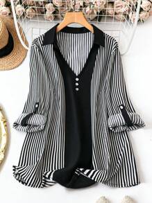EMERY ROSE Plus Striped Print Button Detail Blouse Fall Cloth For Women - Black and White - View 1