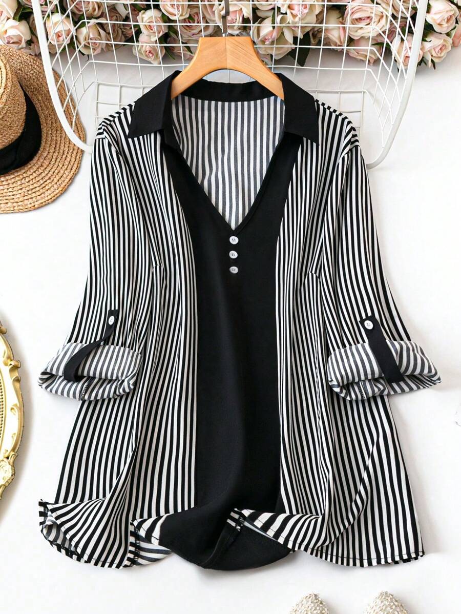EMERY ROSE Plus Striped Print Button Detail Blouse Fall Cloth For Women - Black and White - View 1