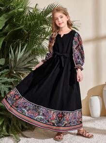 SHEIN Tween Girl Retro Print Puff Sleeve A-Line Long Dress - Black - View 4