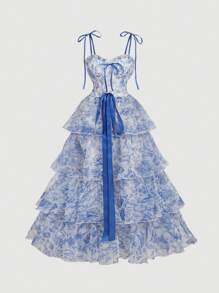 SHEIN MOD Blue And White Floral Print Vintage Gorgeous Romantic 2-In-1 Dress With Removable Multi-Tiered Cake Skirt - Palace Style Formal Dress,Valentines Clothes,Beach Outfits For Woman,Birthday Outfits For Women,Wedding Guest Dress Women,Rave Outfits Festival