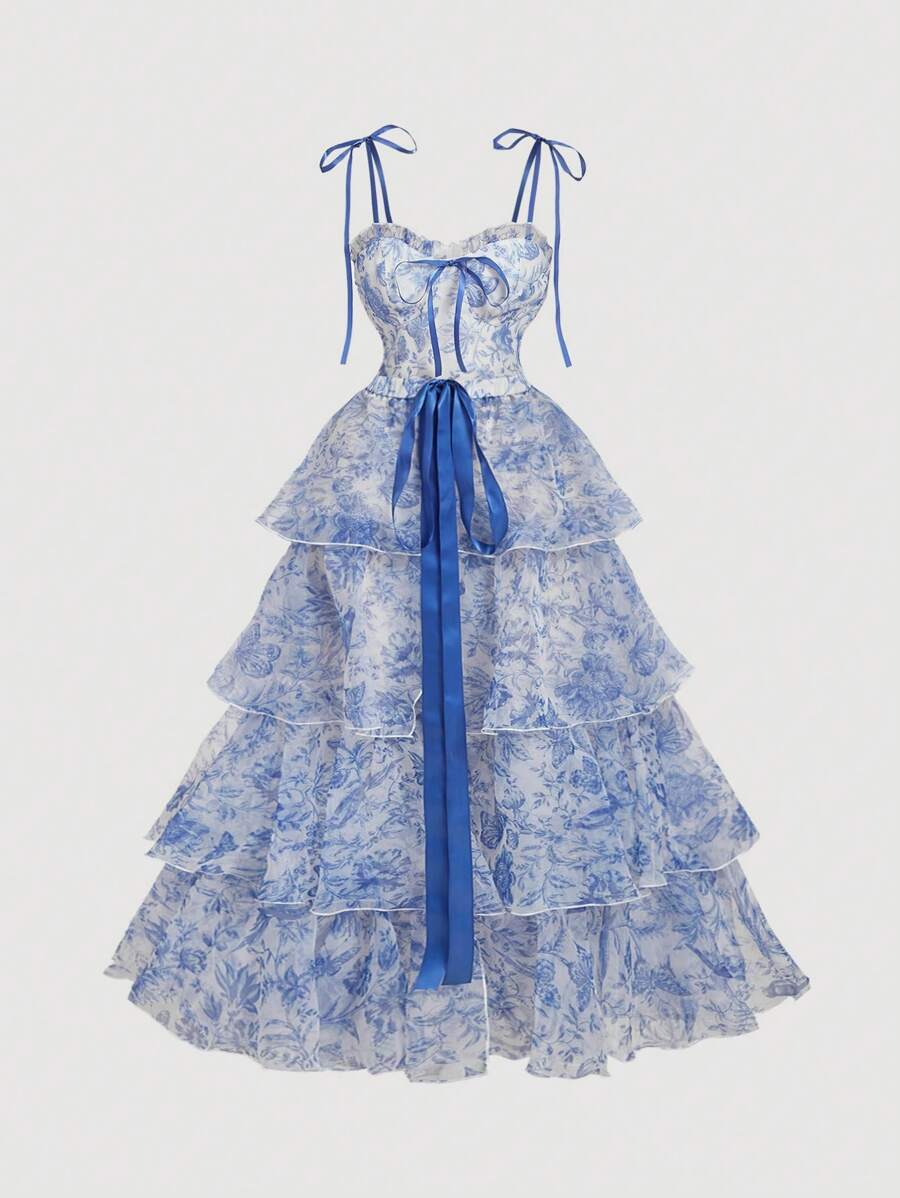 SHEIN MOD Blue And White Floral Print Vintage Gorgeous Romantic 2-In-1 Dress With Removable Multi-Tiered Cake Skirt - Palace Style Formal Dress,Valentines Clothes,Beach Outfits For Woman,Birthday Outfits For Women,Wedding Guest Dress Women,Rave Outfits Festival