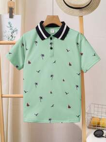SHEIN Tween Boys Casual Vacation Coconut Tree, Sailing Boat, Seagull Print Loose Polo Shirt, Short Sleeve - Mint Green - View 1