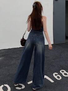 DAZY 女式纽扣前半襟口袋阔腿挂脖牛仔连身裤