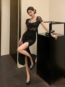 DAZY Váy cocktail midi xẻ tà xẻ cao bằng ren mỏng chắp vá cho nữ, thích hợp cho buổi tối hẹn hò, dạ hội, thanh lịch - màu đen - Xem 3