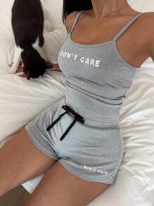 Lowkey Lull Women's Spaghetti Strap Letter Print Minimalist Sleepwear Top And Shorts Set - Grey - View 3