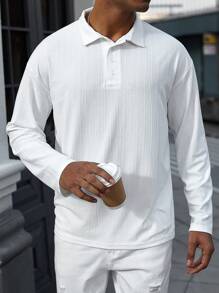 Manfinity Homme 男式纯色前扣长袖休闲上衣 - 白色 - 查看 6