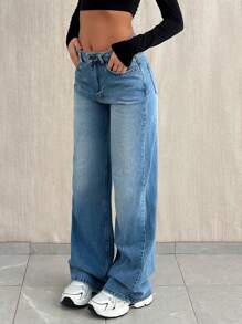 EURMUSE HIGH WAIST STRAIGHT JEAN WITH LEOPARD PRINT - Medium Wash - View 3