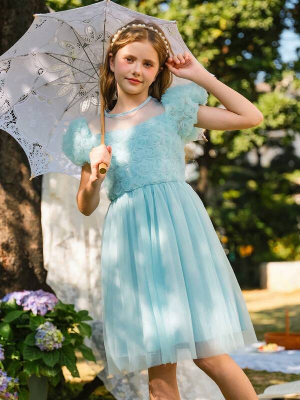 Wildeya Tween Girls Tulle Flower Waist Puff Sleeve Princess Dress, Elegant Luxury Party Dress For Teens, Tween Girls Princess Formal Wear Suitable For Wedding Season, Floral & Decorative Design, No Traditional Patterns