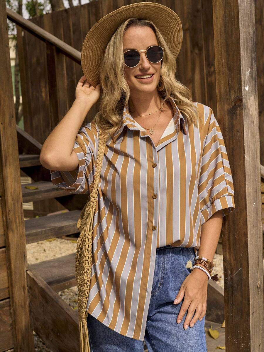 LanaWest 女式短袖纽扣条纹休闲衬衫，适合居家和户外