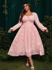 SHEIN Belle 大码女式方领心形领口长袖提花花卉贴花珍珠链装饰 A 字形连衣裙 - 粉色 - 查看 5