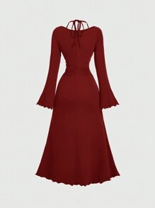 SHEIN MOD Vestido con mangas acampanadas rojo vino con corte entallado y acampanado para mujer talla grande - Burdeos - Ver 2