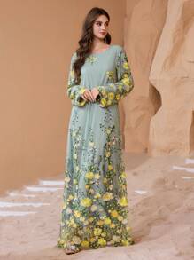 Al Najma Women's Round Neck Embroidered Romantic Modest Elegant Arabic Style Dress, Spring And Summer, Arabian Dresses - Multicolor - View 7