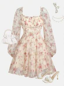 Girlism 少女春夏花卉、粉红玫瑰图案度假/节日迷你 A 字裙，带荷叶边下摆、荷叶边/露肩/方领双向、花卉、情人节、优雅复古/沙滩/海洋/优雅风格可爱连衣裙 - 杏色 - 查看 1