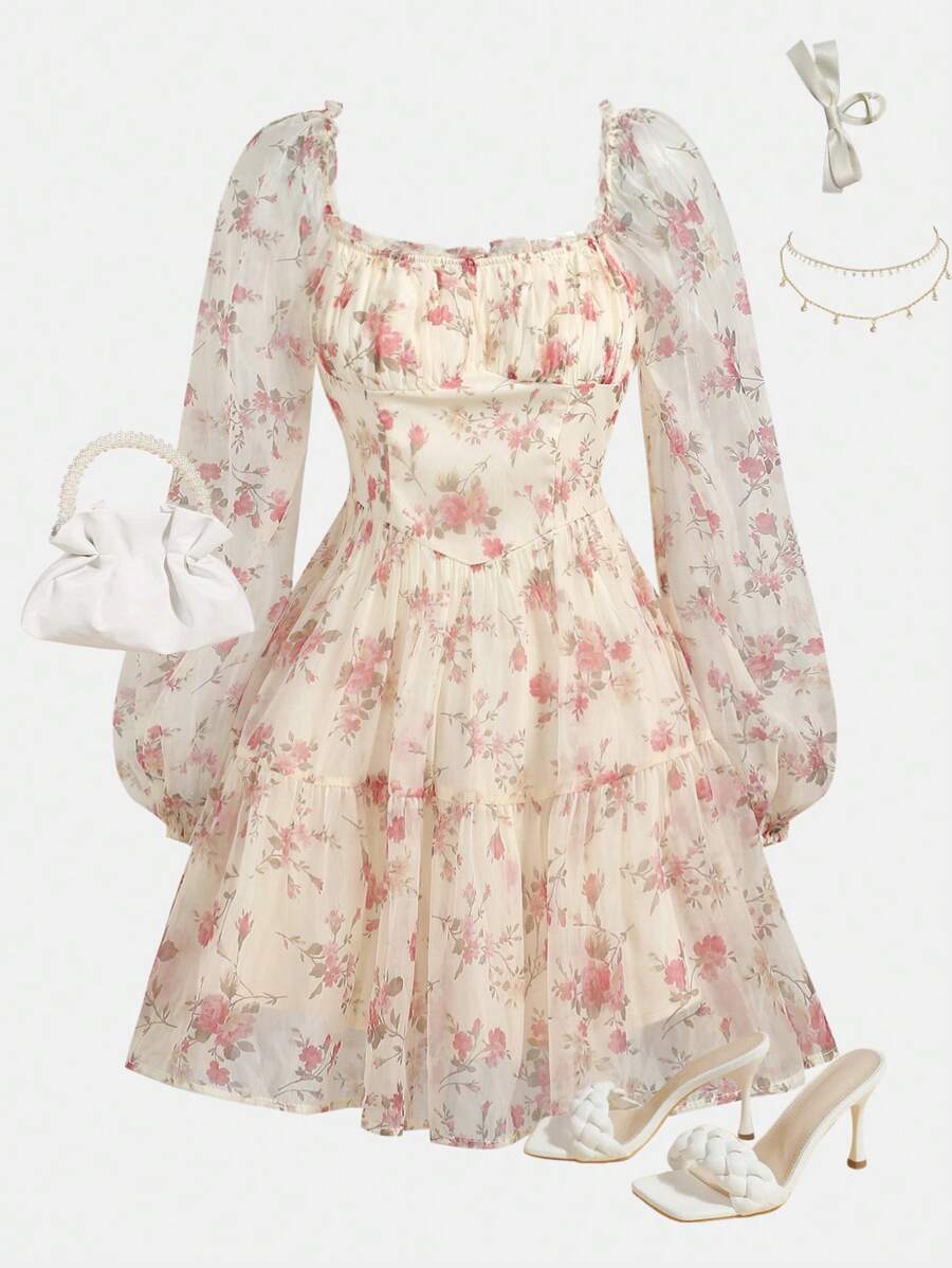 Girlism 少女春夏花卉、粉红玫瑰图案度假/节日迷你 A 字裙，带荷叶边下摆、荷叶边/露肩/方领双向、花卉、情人节、优雅复古/沙滩/海洋/优雅风格可爱连衣裙 - 杏色 - 查看 1