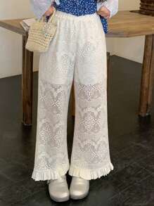 FRIFUL Pantalones de cintura alta de 7/8 con textura de red de crochet blanco, estilo de vacaciones de verano para mujeres