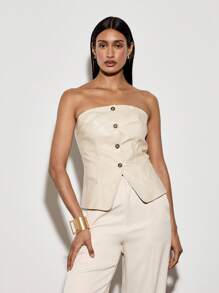 AiiRZ Top corset con diseño de botones, sin tirantes, estilo bandeau, para fiestas de noche, invitados de boda, verano, elegante, ajustado, estructurado, diseño minimalista y moderno