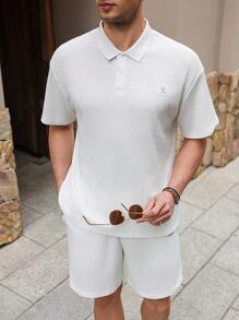 Manfinity Homme Men's Solid Color Front Button Short Sleeve Simple Top And Shorts Polo Suit - White - View 4